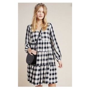 Anthropologie Maeve Amber Plaid Tiered Tunic Dress Black White Size S